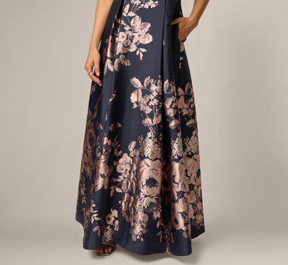 Petite Off Shoulder Metallic Floral Jacquard Gown - Navy Blush | Adrianna Papell