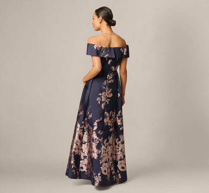 Petite Off Shoulder Metallic Floral Jacquard Gown - Navy Blush | Adrianna Papell