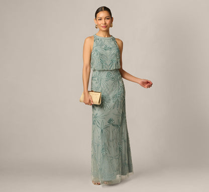 Petite Beaded Halter Blouson Long Dress - Sage | Adrianna Papell