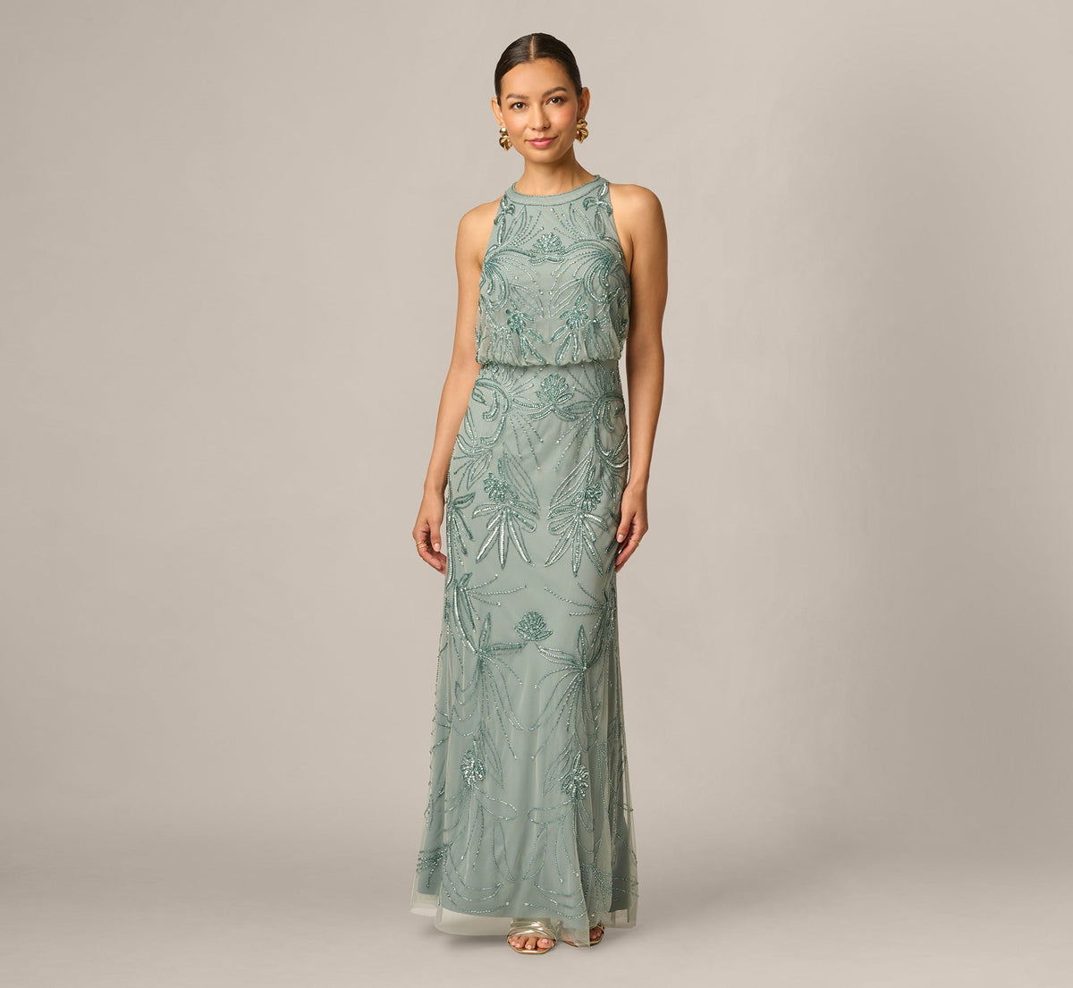 Petite Beaded Halter Blouson Long Dress - Sage | Adrianna Papell
