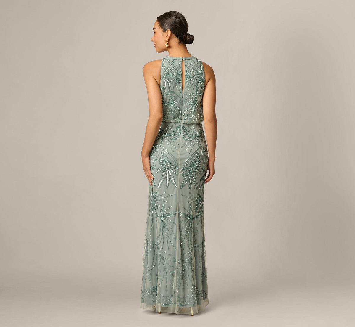 Petite Beaded Halter Blouson Long Dress - Sage | Adrianna Papell