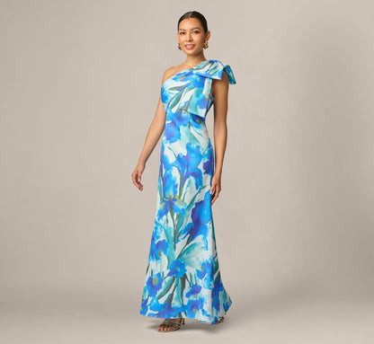 Petite One Shoulder Floral Print Mermaid Gown - Blue Multi | Adrianna Papell