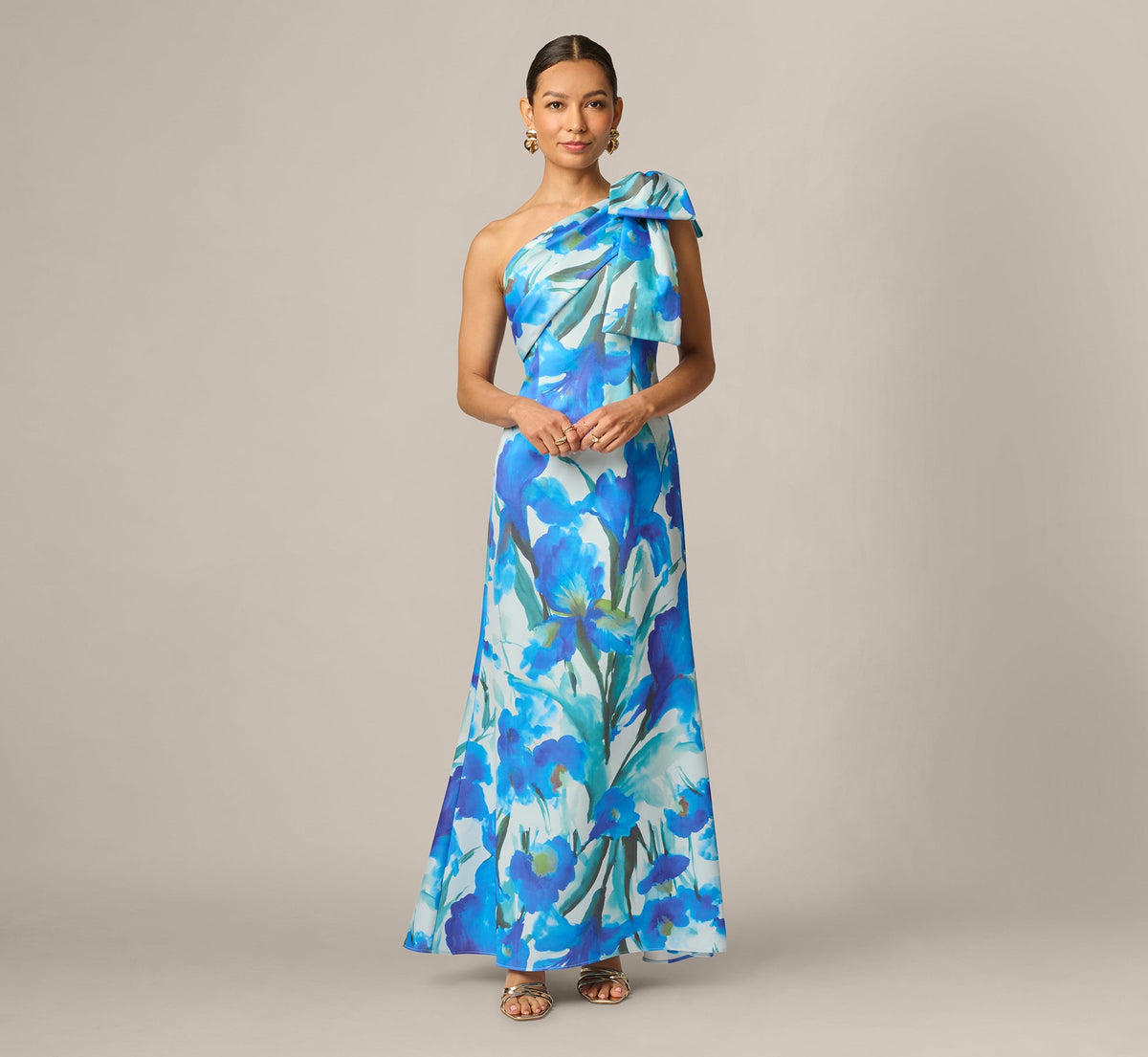Petite One Shoulder Floral Print Mermaid Gown - Blue Multi | Adrianna Papell