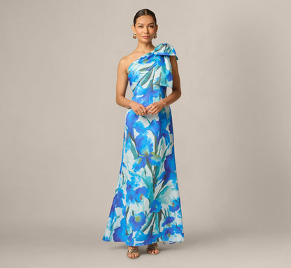Petite One Shoulder Floral Print Mermaid Gown - Blue Multi | Adrianna Papell