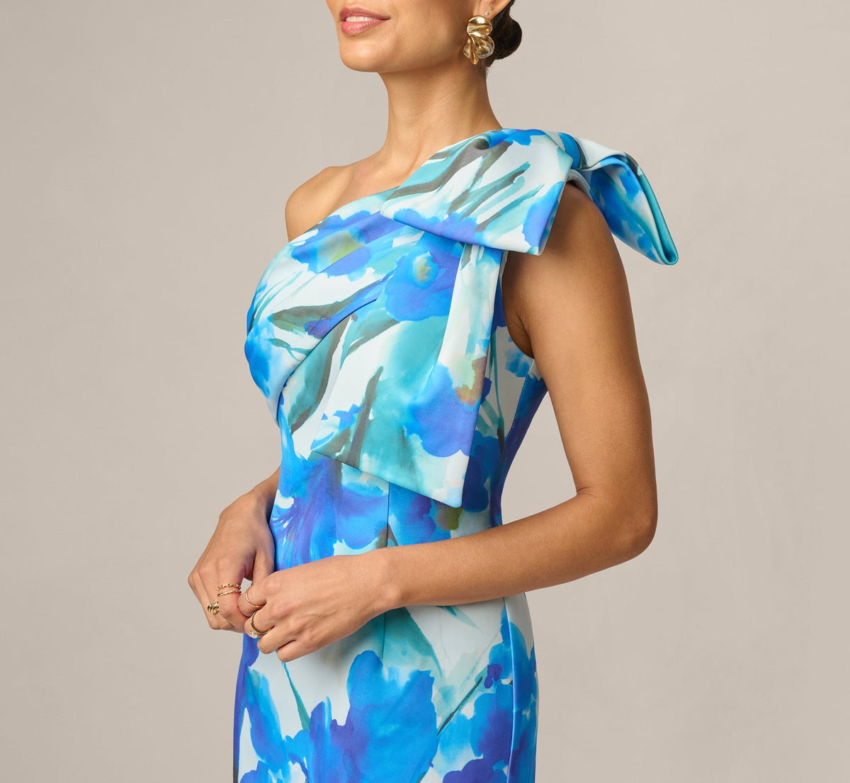 Petite One Shoulder Floral Print Mermaid Gown - Blue Multi | Adrianna Papell