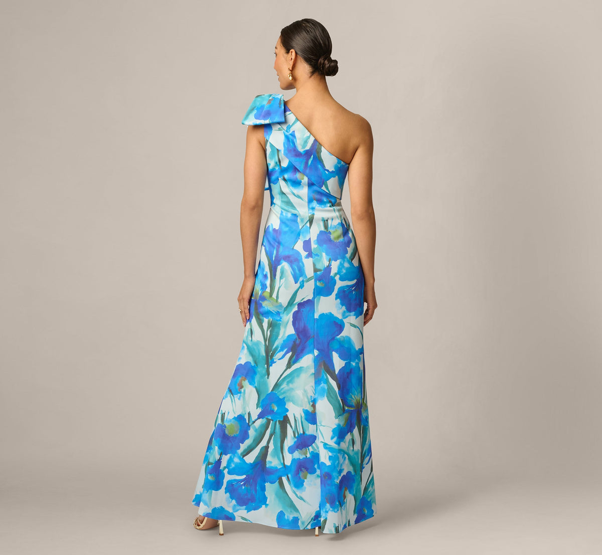Petite One Shoulder Floral Print Mermaid Gown - Blue Multi | Adrianna Papell