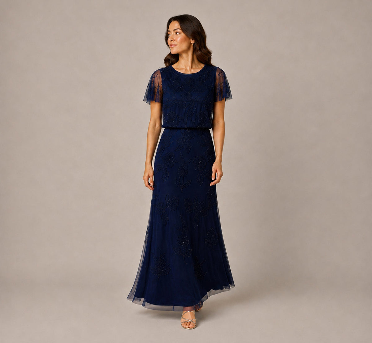 Petite Flutter Sleeve Floral Beaded Blouson Gown - Navy | Adrianna Papell