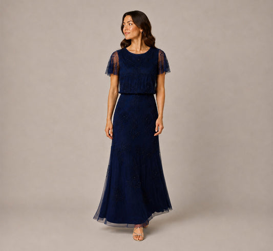 Petite Flutter Sleeve Floral Beaded Blouson Gown - Navy | Adrianna Papell