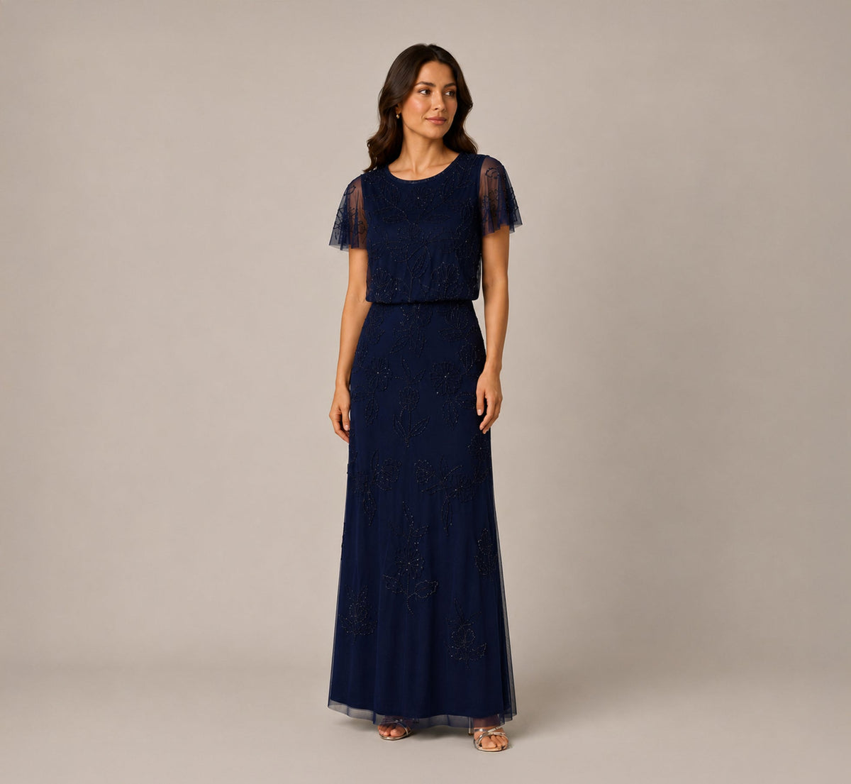 Petite Flutter Sleeve Floral Beaded Blouson Gown - Navy | Adrianna Papell