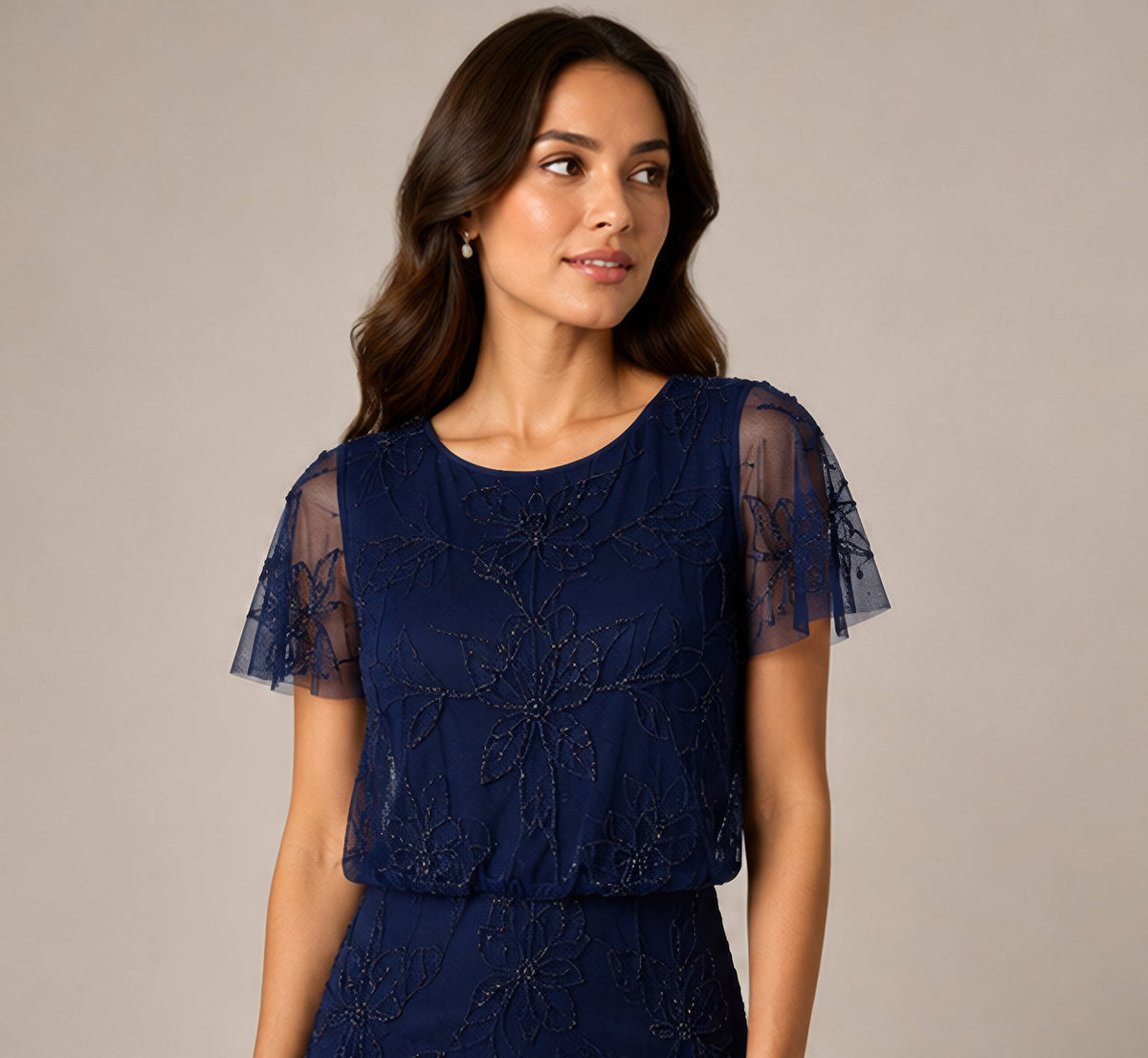 Petite Flutter Sleeve Floral Beaded Blouson Gown - Navy | Adrianna Papell