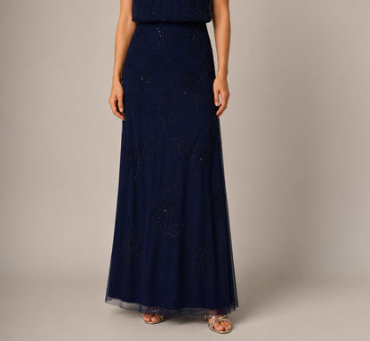 Petite Flutter Sleeve Floral Beaded Blouson Gown - Navy | Adrianna Papell