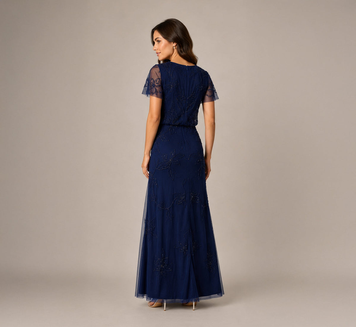 Petite Flutter Sleeve Floral Beaded Blouson Gown - Navy | Adrianna Papell
