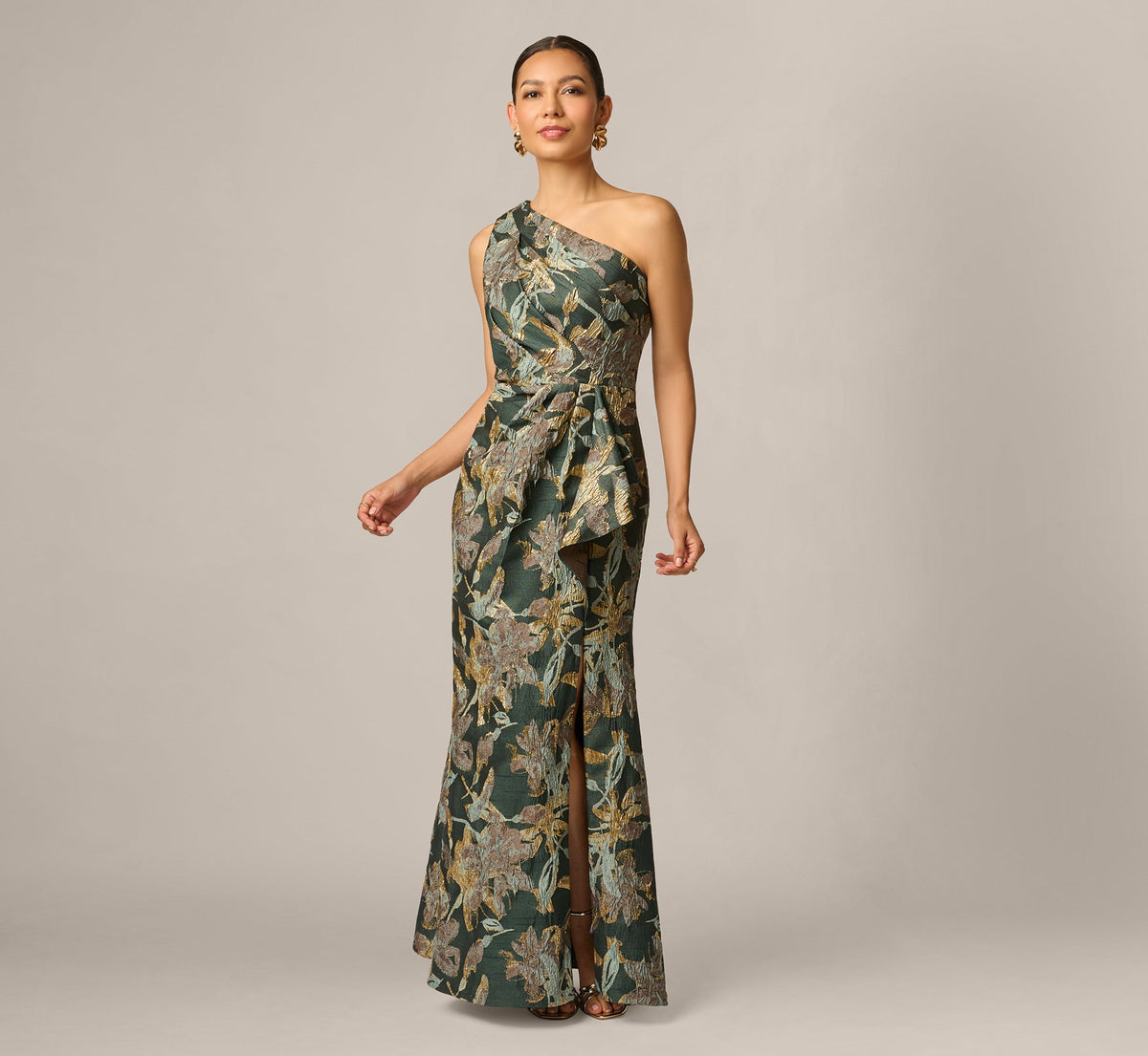 Petite One Shoulder Jacquard Dress - Green Gold | Adrianna Papell