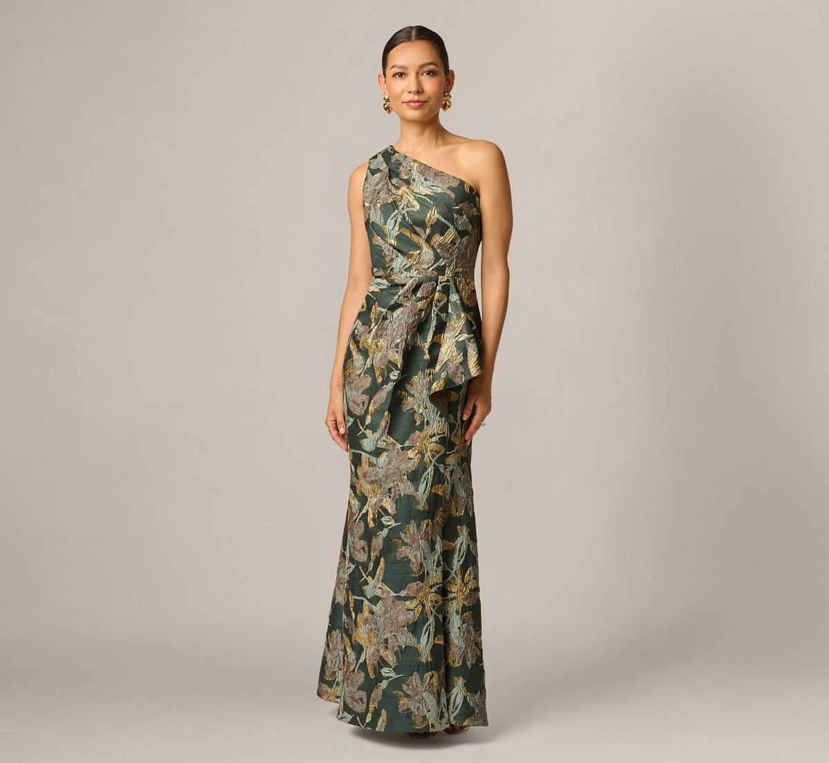Petite One Shoulder Jacquard Dress - Green Gold | Adrianna Papell