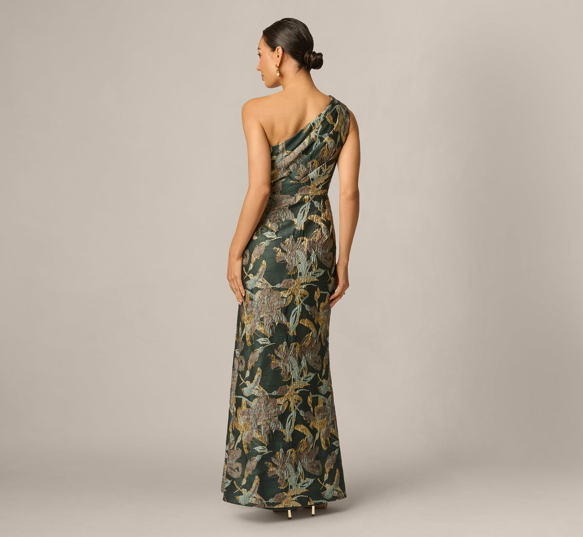 Petite One Shoulder Jacquard Dress - Green Gold | Adrianna Papell
