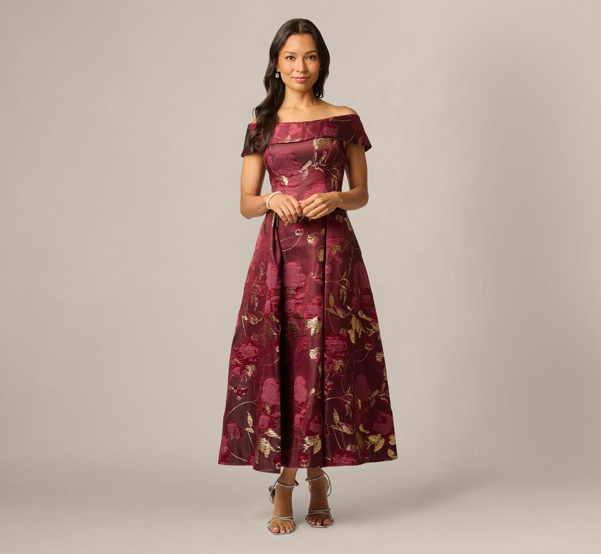 Petite Off Shoulder Metallic Jacquard Midi Dress - Burgundy Gold | Adrianna Papell