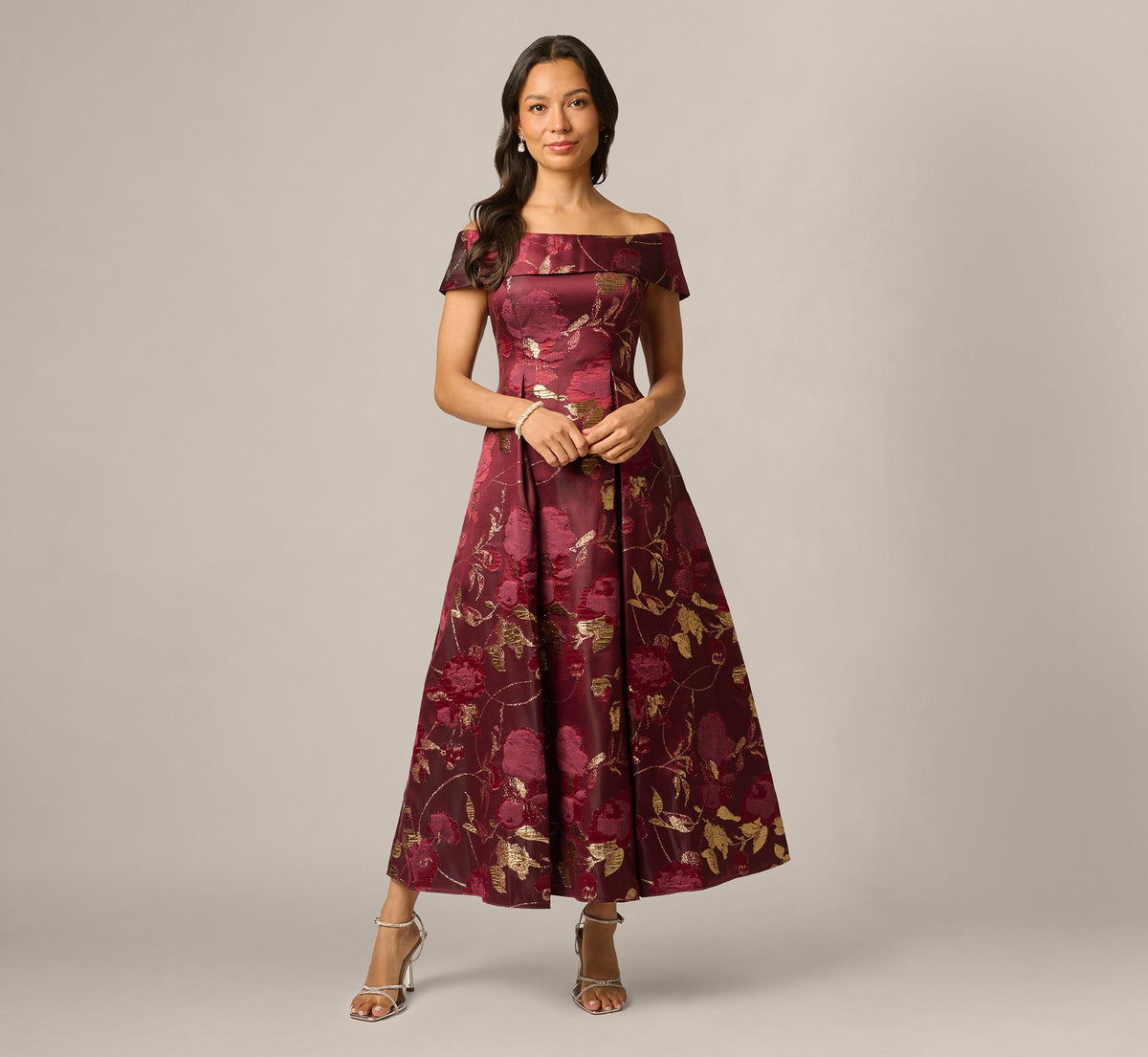 Petite Off Shoulder Metallic Jacquard Midi Dress - Burgundy Gold | Adrianna Papell