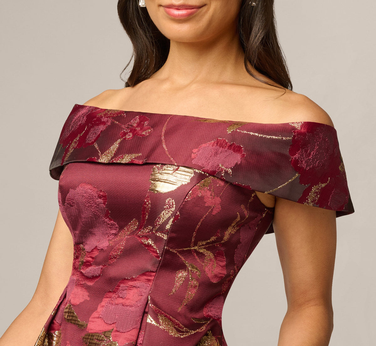 Petite Off Shoulder Metallic Jacquard Midi Dress - Burgundy Gold | Adrianna Papell