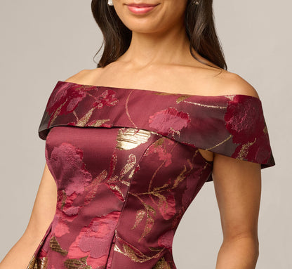 Petite Off Shoulder Metallic Jacquard Midi Dress - Burgundy Gold | Adrianna Papell