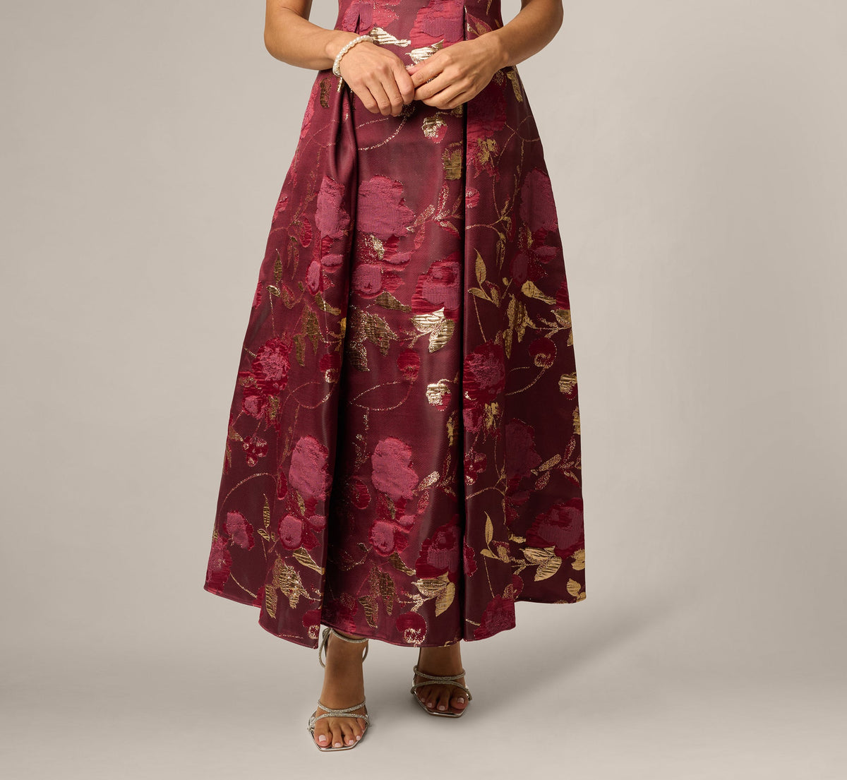 Petite Off Shoulder Metallic Jacquard Midi Dress - Burgundy Gold | Adrianna Papell
