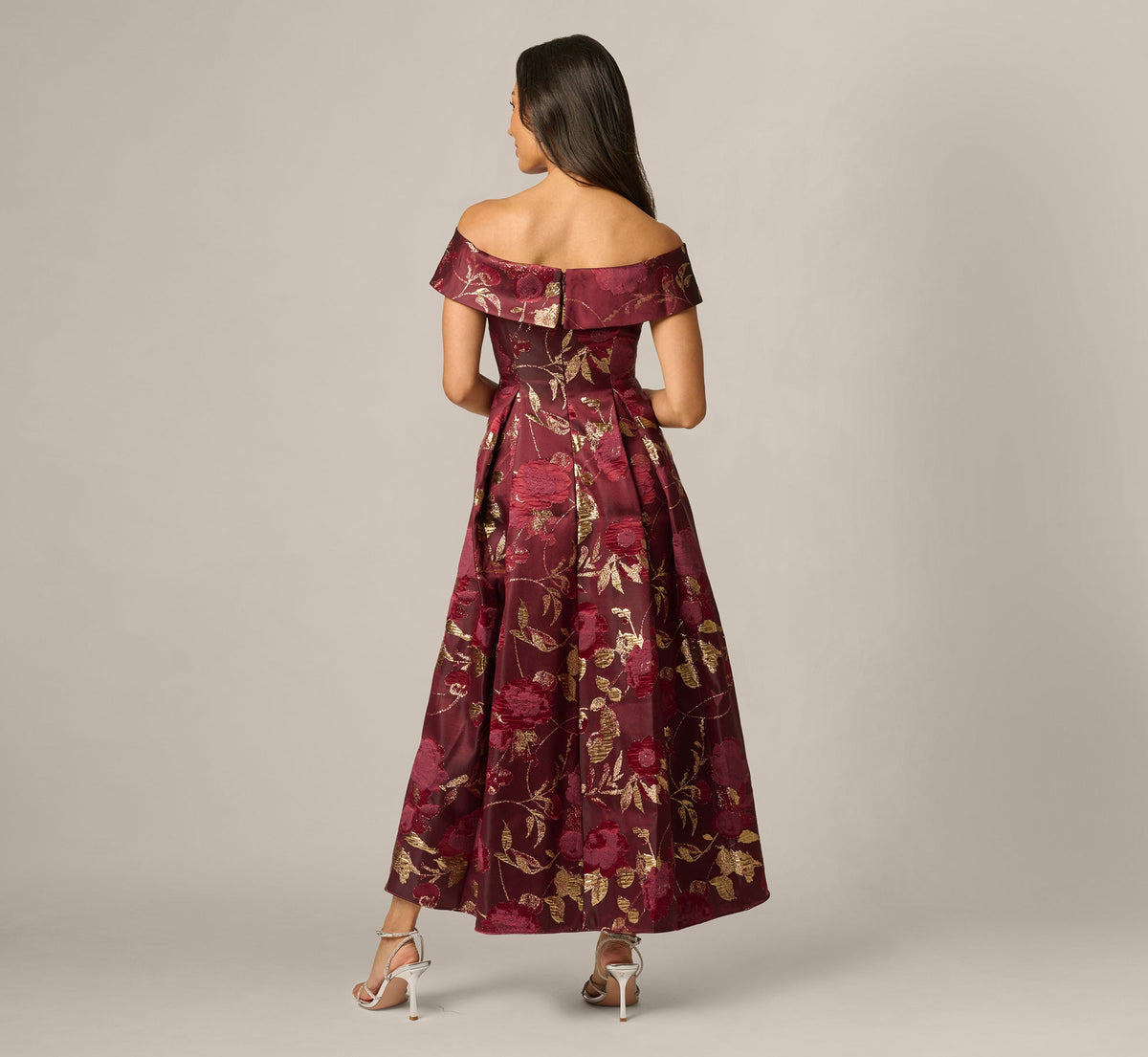 Petite Off Shoulder Metallic Jacquard Midi Dress - Burgundy Gold | Adrianna Papell
