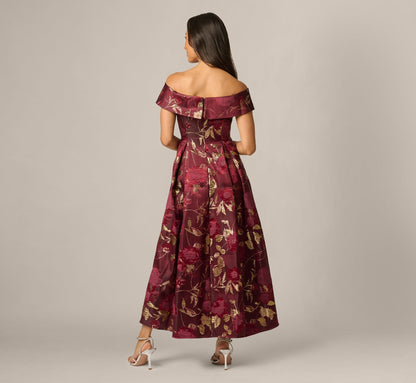 Petite Off Shoulder Metallic Jacquard Midi Dress - Burgundy Gold | Adrianna Papell