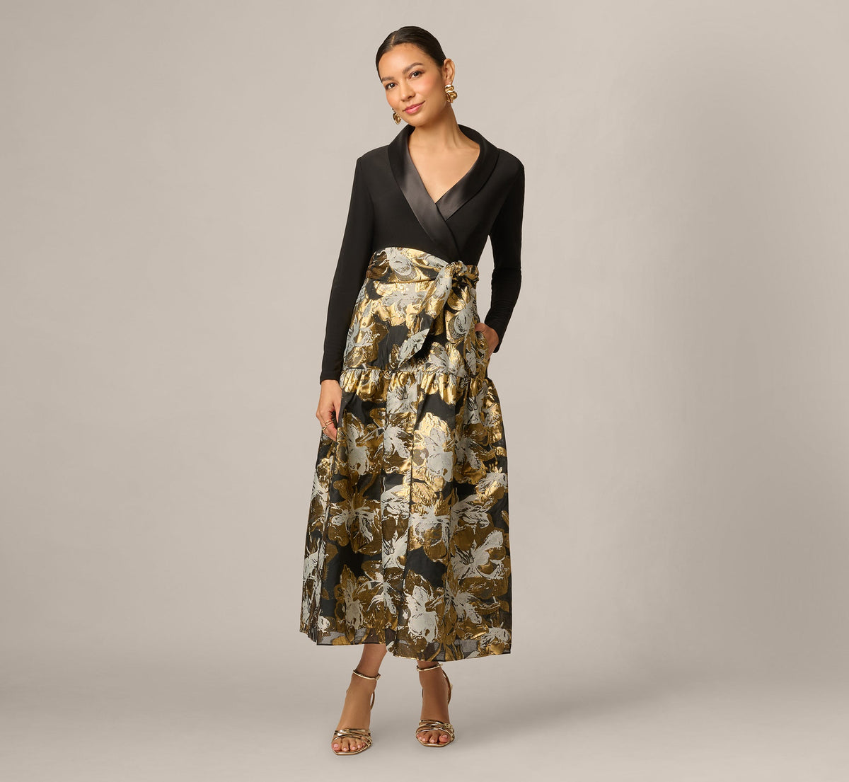 Petite Combo Floral Jacquard Dress - Black Gold | Adrianna Papell
