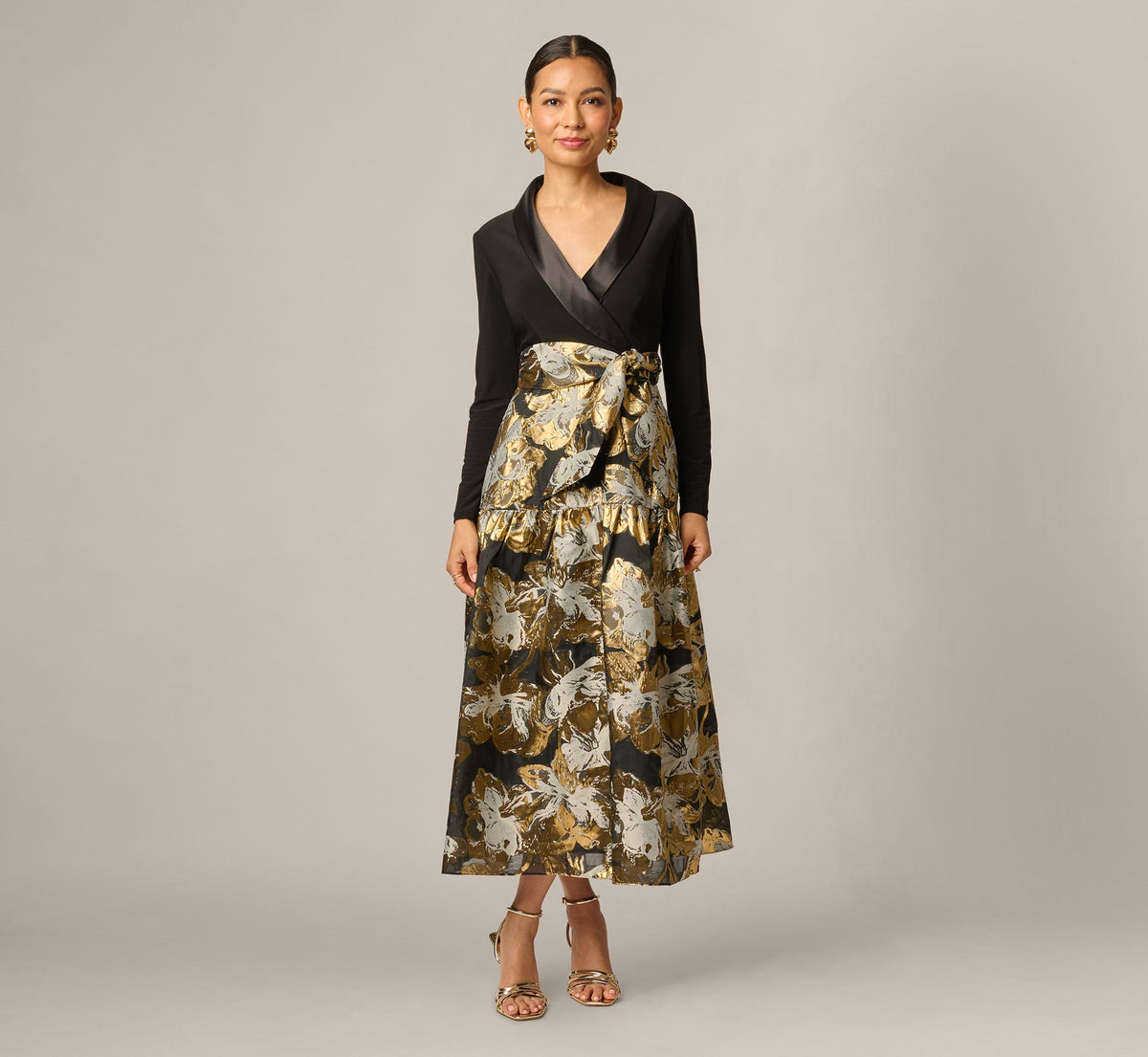 Petite Combo Floral Jacquard Dress - Black Gold | Adrianna Papell
