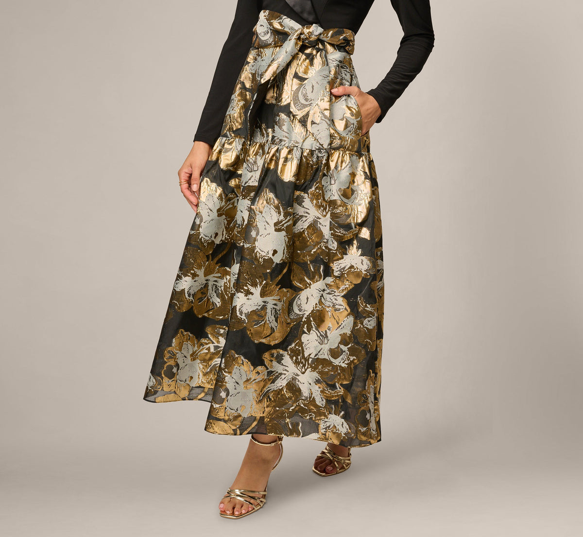 Petite Combo Floral Jacquard Dress - Black Gold | Adrianna Papell
