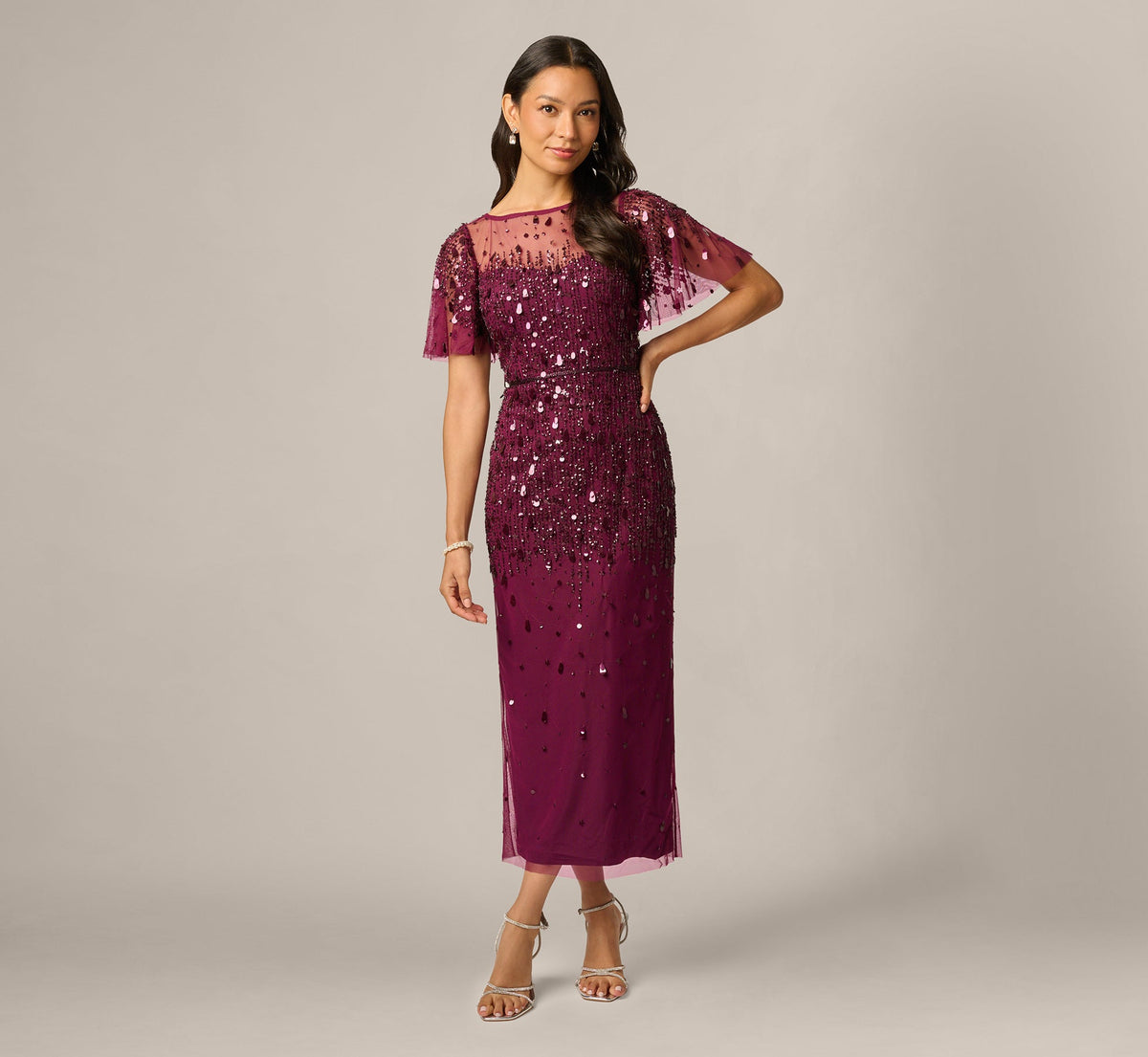 Petite Flutter Sleeve Sequin Beaded Midi Dress - Bordeaux | Adrianna Papell