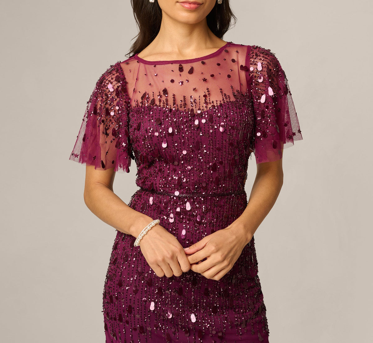 Petite Flutter Sleeve Sequin Beaded Midi Dress - Bordeaux | Adrianna Papell