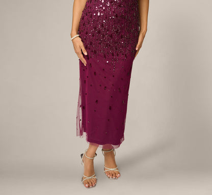 Petite Flutter Sleeve Sequin Beaded Midi Dress - Bordeaux | Adrianna Papell
