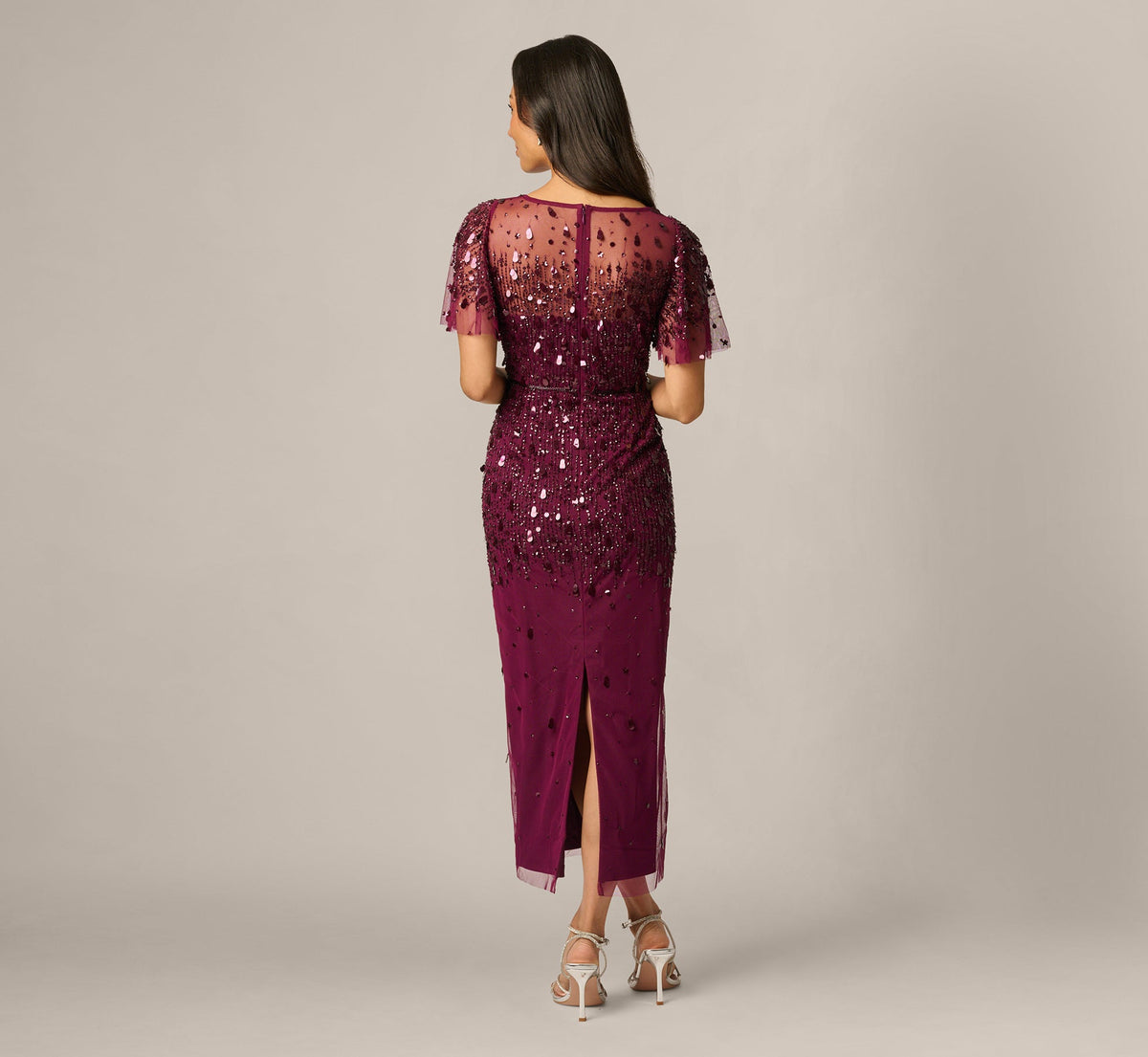 Petite Flutter Sleeve Sequin Beaded Midi Dress - Bordeaux | Adrianna Papell
