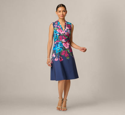 Petite Collared Floral Border Twill Midi Dress - Navy Multi | Adrianna Papell