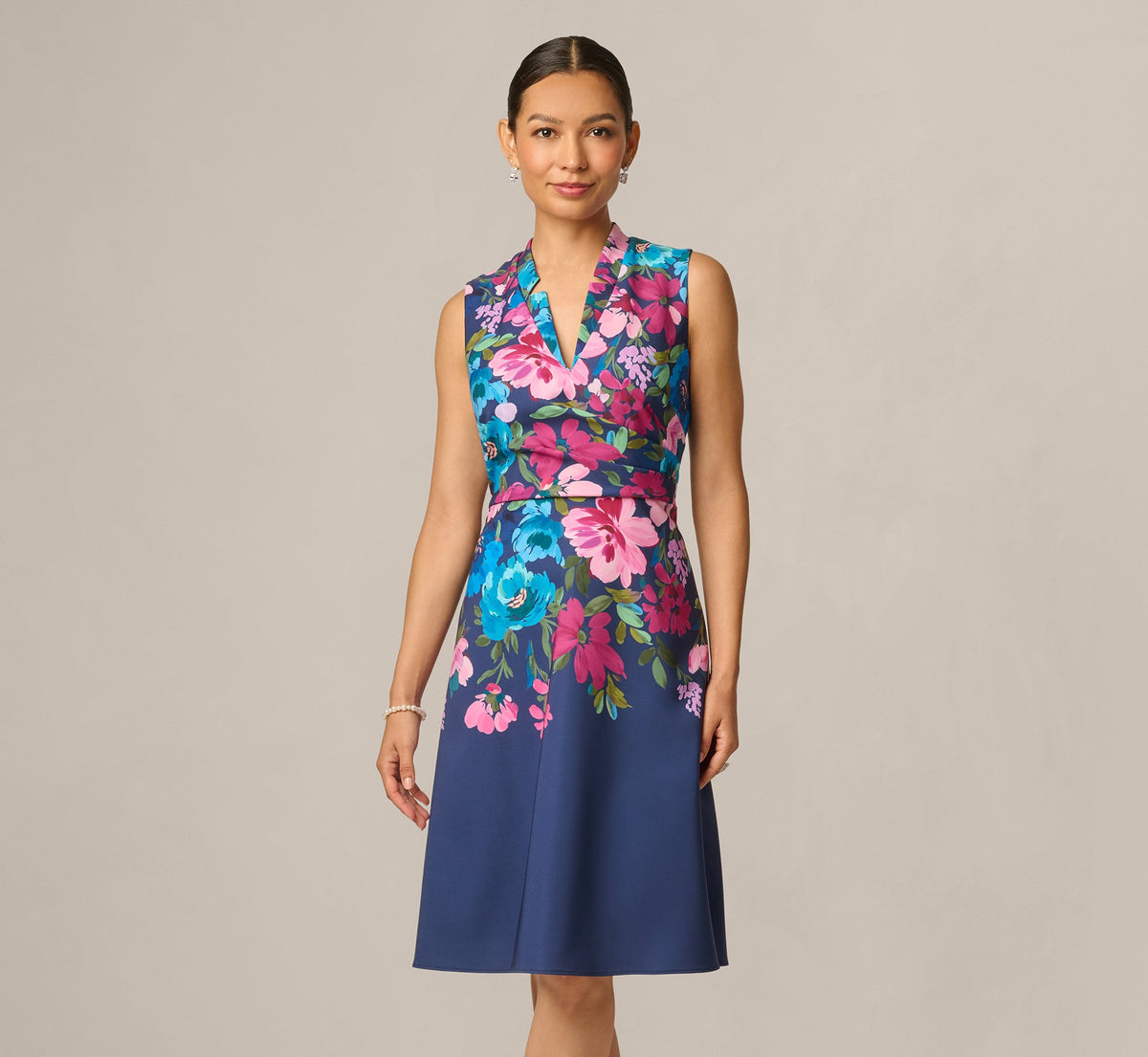 Petite Collared Floral Border Twill Midi Dress - Navy Multi | Adrianna Papell