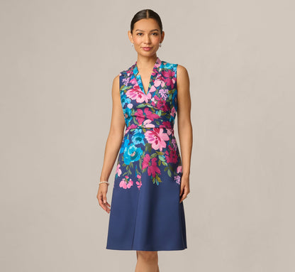 Petite Collared Floral Border Twill Midi Dress - Navy Multi | Adrianna Papell