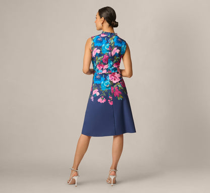 Petite Collared Floral Border Twill Midi Dress - Navy Multi | Adrianna Papell