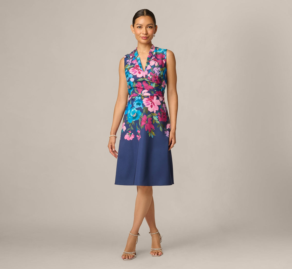 Petite Collared Floral Border Twill Midi Dress - Navy Multi | Adrianna Papell