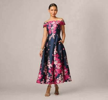 Petite Floral Jacquard Ankle Length Dress With Off The Shoulder Neckline - Navy Pink Multi | Adrianna Papell