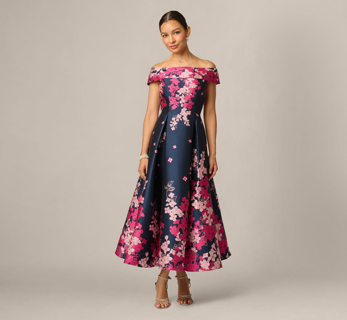 Petite Floral Jacquard Ankle Length Dress With Off The Shoulder Neckline - Navy Pink Multi | Adrianna Papell