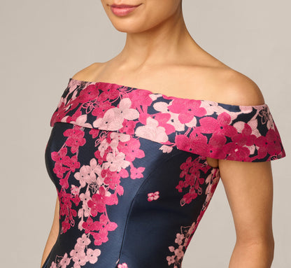 Petite Floral Jacquard Ankle Length Dress With Off The Shoulder Neckline - Navy Pink Multi | Adrianna Papell