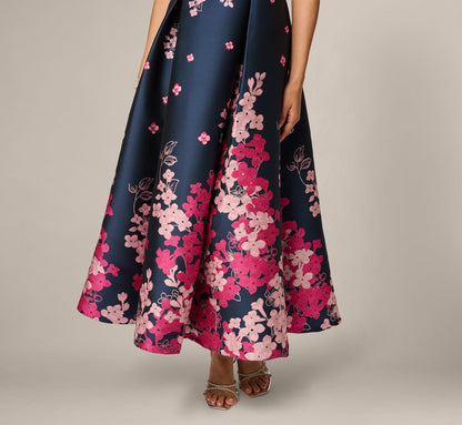 Petite Floral Jacquard Ankle Length Dress With Off The Shoulder Neckline - Navy Pink Multi | Adrianna Papell