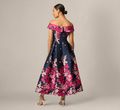 Petite Floral Jacquard Ankle Length Dress With Off The Shoulder Neckline - Navy Pink Multi | Adrianna Papell