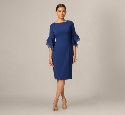 Petite Knit Crepe Sheath Dress With Tiered Three Quarter Sleeves - Navy Sateen | Adrianna Papell