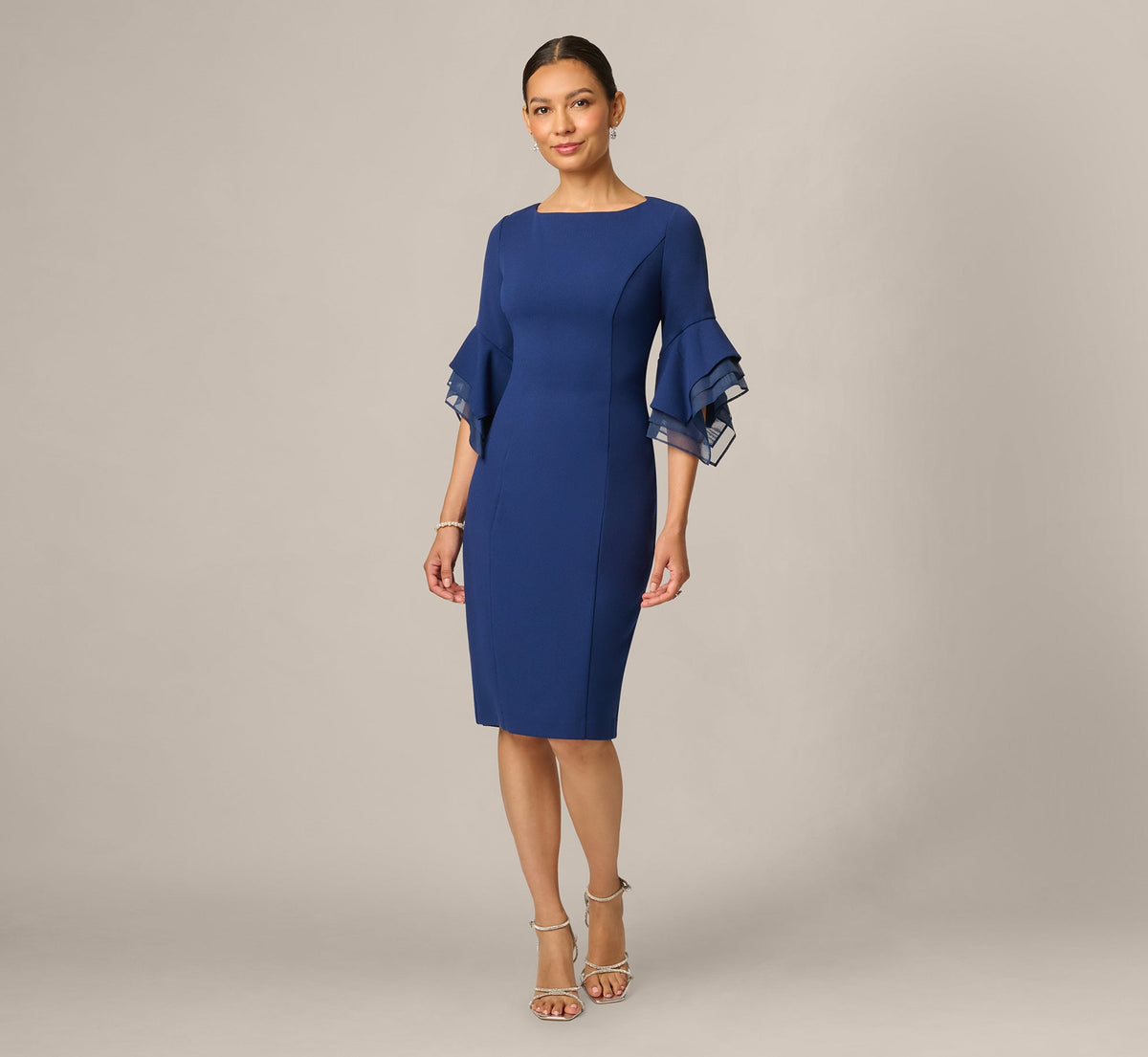 Petite Knit Crepe Sheath Dress With Tiered Three Quarter Sleeves - Navy Sateen | Adrianna Papell