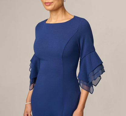 Petite Knit Crepe Sheath Dress With Tiered Three Quarter Sleeves - Navy Sateen | Adrianna Papell