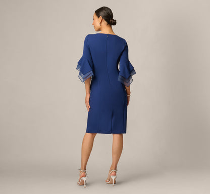 Petite Knit Crepe Sheath Dress With Tiered Three Quarter Sleeves - Navy Sateen | Adrianna Papell