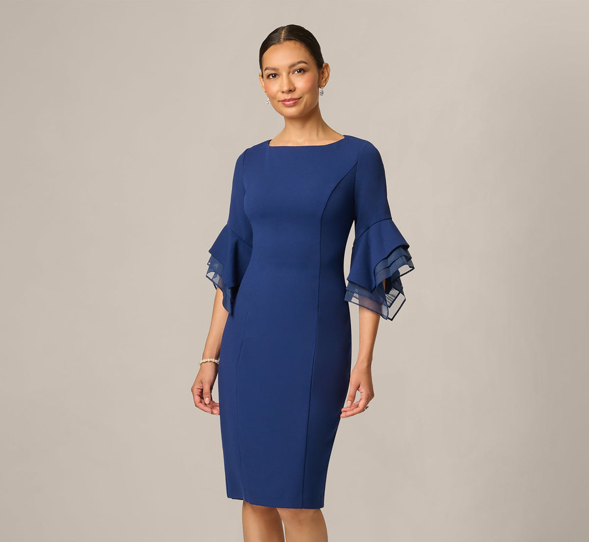 Petite Knit Crepe Sheath Dress With Tiered Three Quarter Sleeves - Navy Sateen | Adrianna Papell