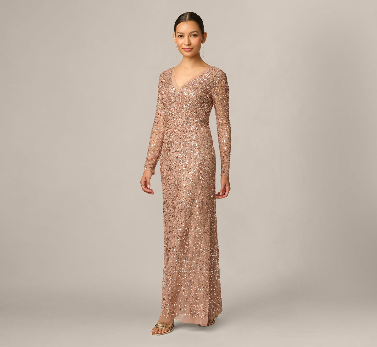 Petite Long Sleeve Beaded Full Length Dress - Rose Gold | Adrianna Papell