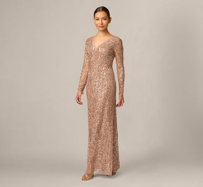 Petite Long Sleeve Beaded Full Length Dress - Rose Gold | Adrianna Papell